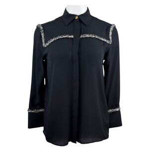 Black Blouse with Shredded Tweed Trim